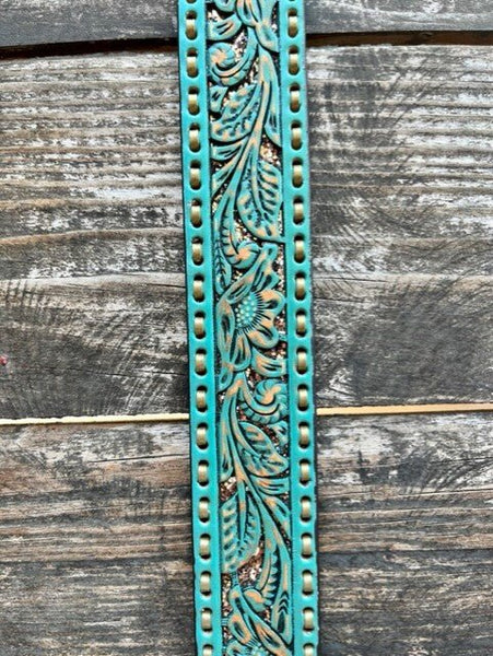 Ladies Turquoise Floral Overlay Belt with Gold Glitter & Gold Stitching