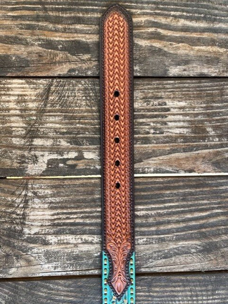 Ladies Turquoise Floral Overlay Belt with Gold Glitter & Gold Stitching
