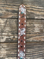 Ladies Turquoise Floral Tooled Leather Belt with White Whip Stitch