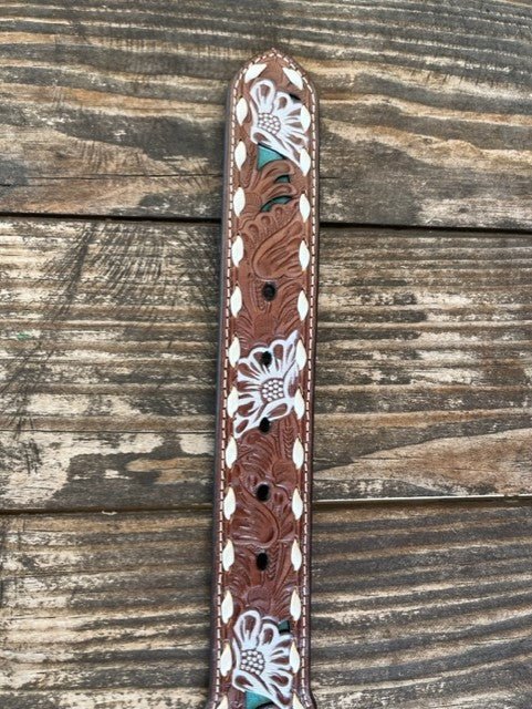 Ladies Turquoise Floral Tooled Leather Belt with White Whip Stitch