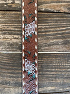Ladies Turquoise Floral Tooled Leather Belt with White Whip Stitch