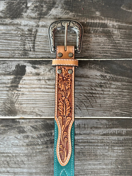 Ladies Turquoise Suede & Tooled Leather Belt