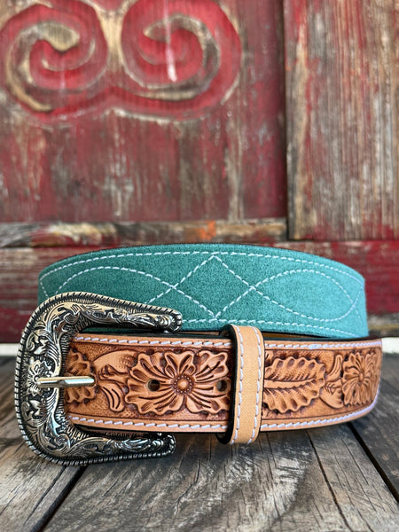 Ladies American Darling turquoise suede tooled leather belt with floral tan overlay and silver engraved buckle, built from full-grain leather that resists wear and finished with reinforced stitching – ADBLF333. Available at Blair’s Western Wear, Marble Falls, TX.