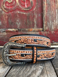 Ladies Two-Tone Black & Tan Floral Tooled Leather Belt