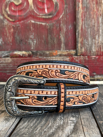 Ladies Two-Tone Black & Tan Floral Tooled Leather Belt