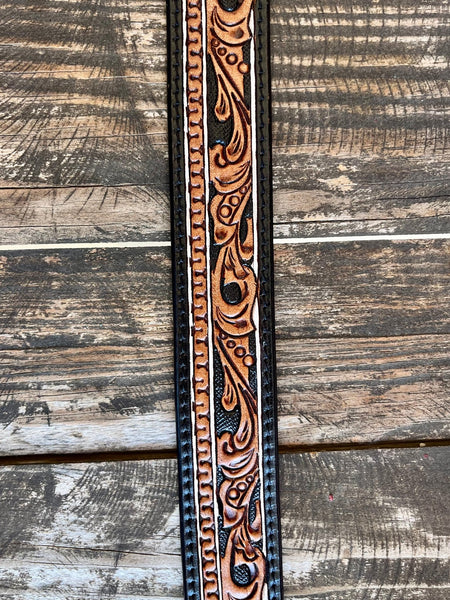 Ladies Two-Tone Black & Tan Floral Tooled Leather Belt