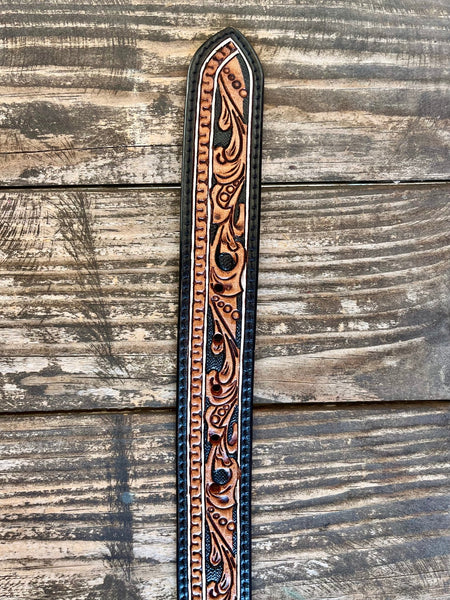 Ladies Two-Tone Black & Tan Floral Tooled Leather Belt