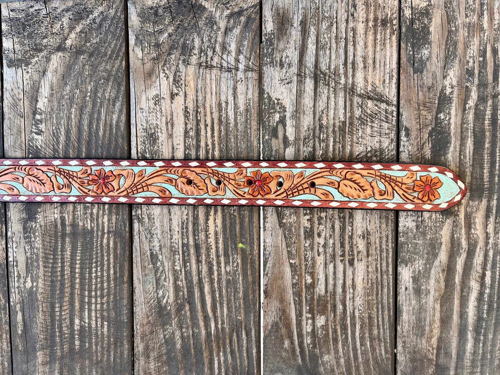 Ladies Watercolor Floral Painted Tooled Leather Belt