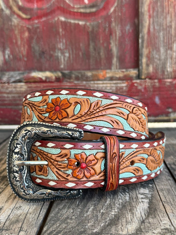 American Darling Accessories leather belt in natural, mint, and coral, featuring hand-tooled floral designs and a removable antique-finish metal buckle - ADBLF120. Available at Blair's Western Wear, Marble Falls, TX.
