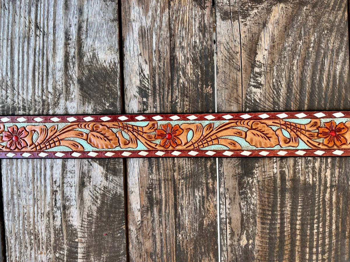 Ladies Watercolor Floral Painted Tooled Leather Belt