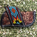 Leather Sheath Brown/Black Beaded Knife Sheath in brown and black, crafted from genuine leather with floral tooling, with vibrant beaded inlay for eye-catching detail - KNC107. Available at Blair's Western Wear, Marble Falls, TX.