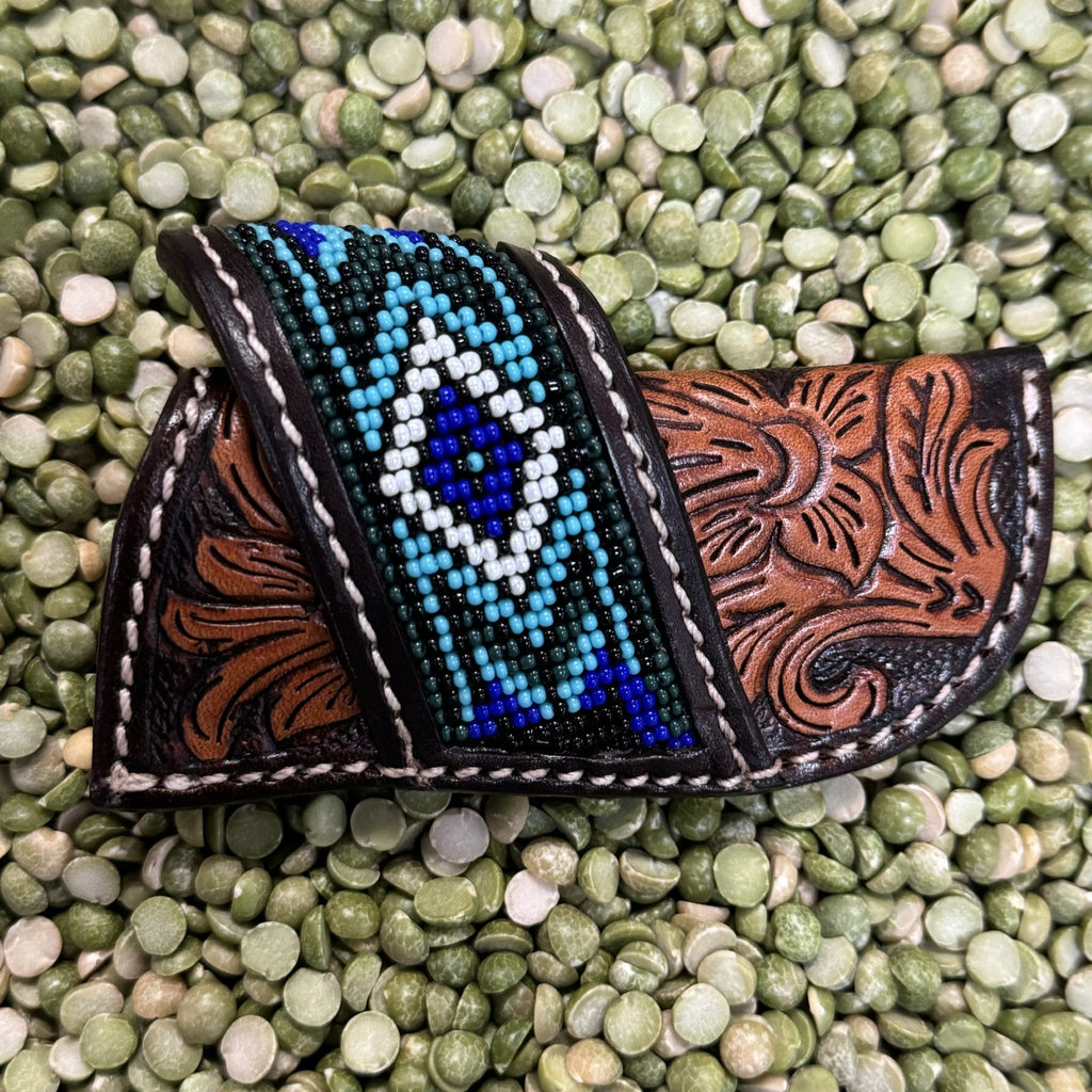 Leather Beaded Sheath in brown, black, and multi-color, hand-tooled leather with floral carvings with vibrant blue beaded inlay - KNC108. Available at Blair's Western Wear, Marble Falls, TX.
