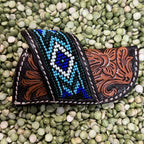 Leather Beaded Sheath in brown, black, and multi-color, hand-tooled leather with floral carvings with vibrant blue beaded inlay - KNC108. Available at Blair's Western Wear, Marble Falls, TX.