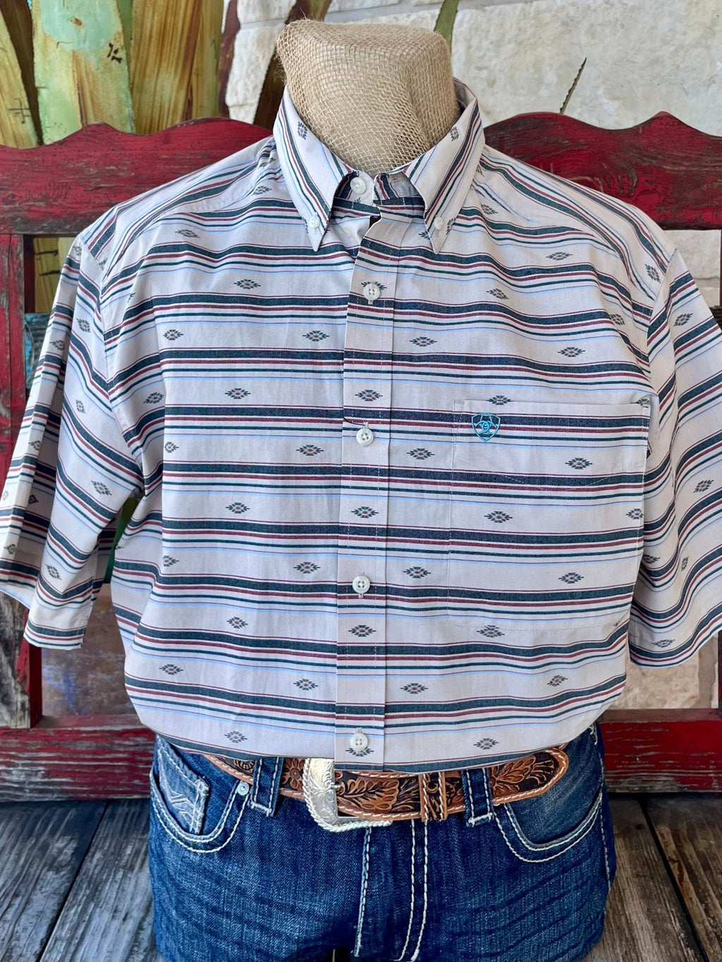 Men's Ariat Short Sleeve Button-Up Shirt in natural, charcoal, and wine, featuring classic fit and Aztec pattern - 10054682. Available at Blair's Western Wear, Marble Falls, TX.