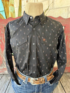 Men's black long-sleeve shirt with small brick and light diamond motifs, Western shoulder yokes, snap front and two flap chest pockets — Blair's Western Wear Marble Falls TX