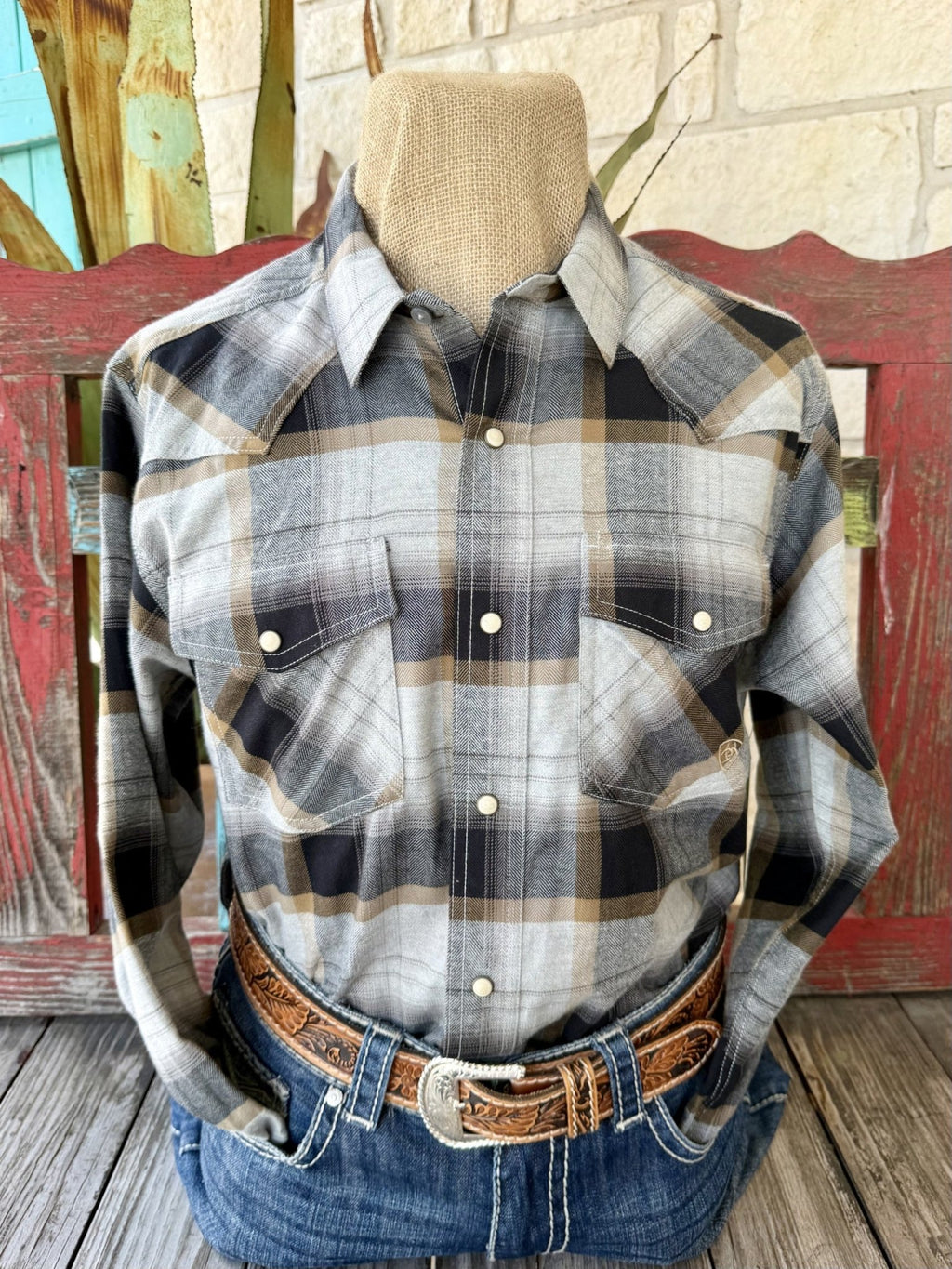 Men's black, brown and gray plaid long-sleeve shirt with Western shoulder yokes, pearl-style snaps and two flap chest pockets — Blair's Western Wear Marble Falls TX