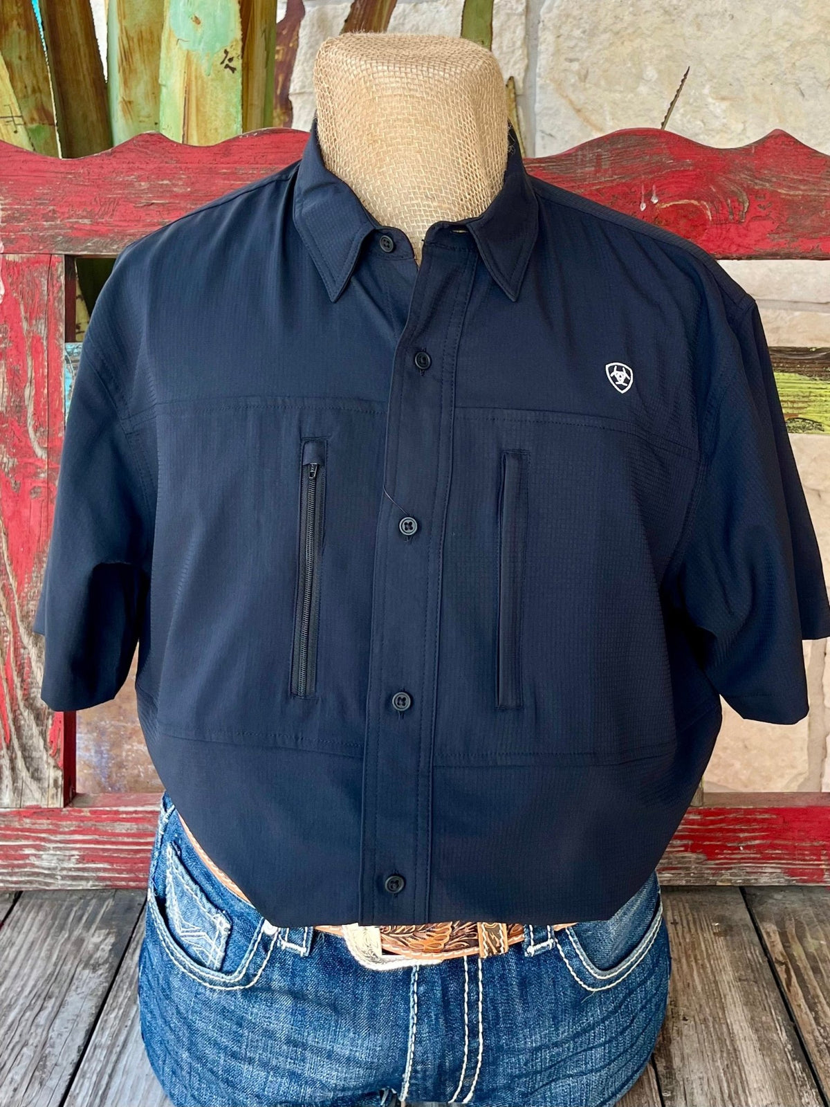 Men's Ariat Short Sleeve Button-Down Shirt in Black, featuring VentTEK™ Technology for enhanced airflow and moisture-wicking fabric for all-day comfort - 10034960. Available at Blair's Western Wear, Marble Falls, TX.