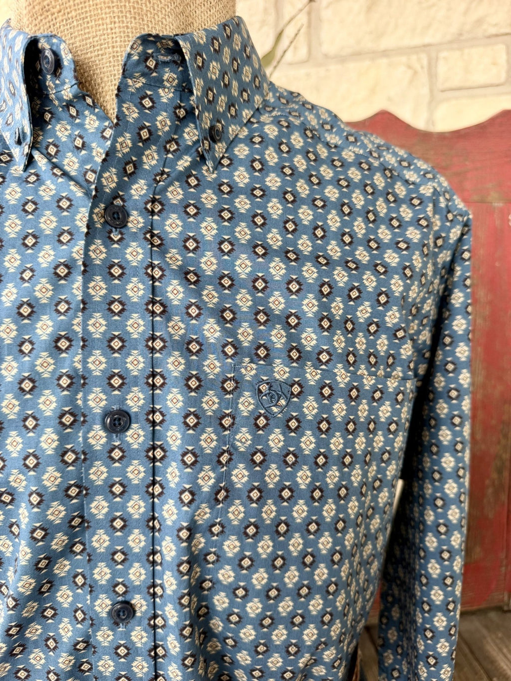 Men's Ariat Blue & Tan Aztec-Inspired Long Sleeve Shirt