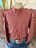 Men's brick and salmon diamond-print long-sleeve shirt with button-down collar, coordinating buttons and embroidered chest pocket — Blair's Western Wear Marble Falls TX