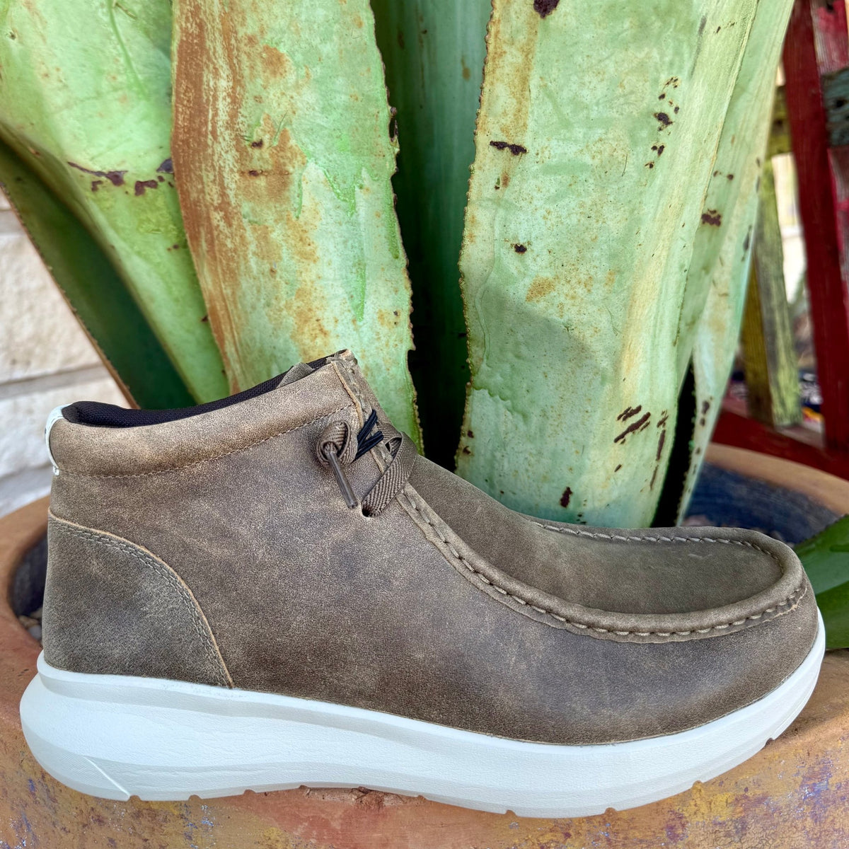 Men’s Ariat casual shoe mid-top Hilo in Brown Bomber leather, featuring a cushioned FLX Foam midsole, with easy-adjust stretch laces for quick on/off – 10063972. Available at Blair's Western Wear, Marble Falls, TX.