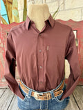Men's solid chocolate brown long sleeve shirt with a pointed collar, tonal button front, and single chest pocket — Blair's Western Wear Marble Falls TX