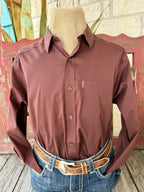 Men's solid chocolate brown long sleeve shirt with a pointed collar, tonal button front, and single chest pocket — Blair's Western Wear Marble Falls TX