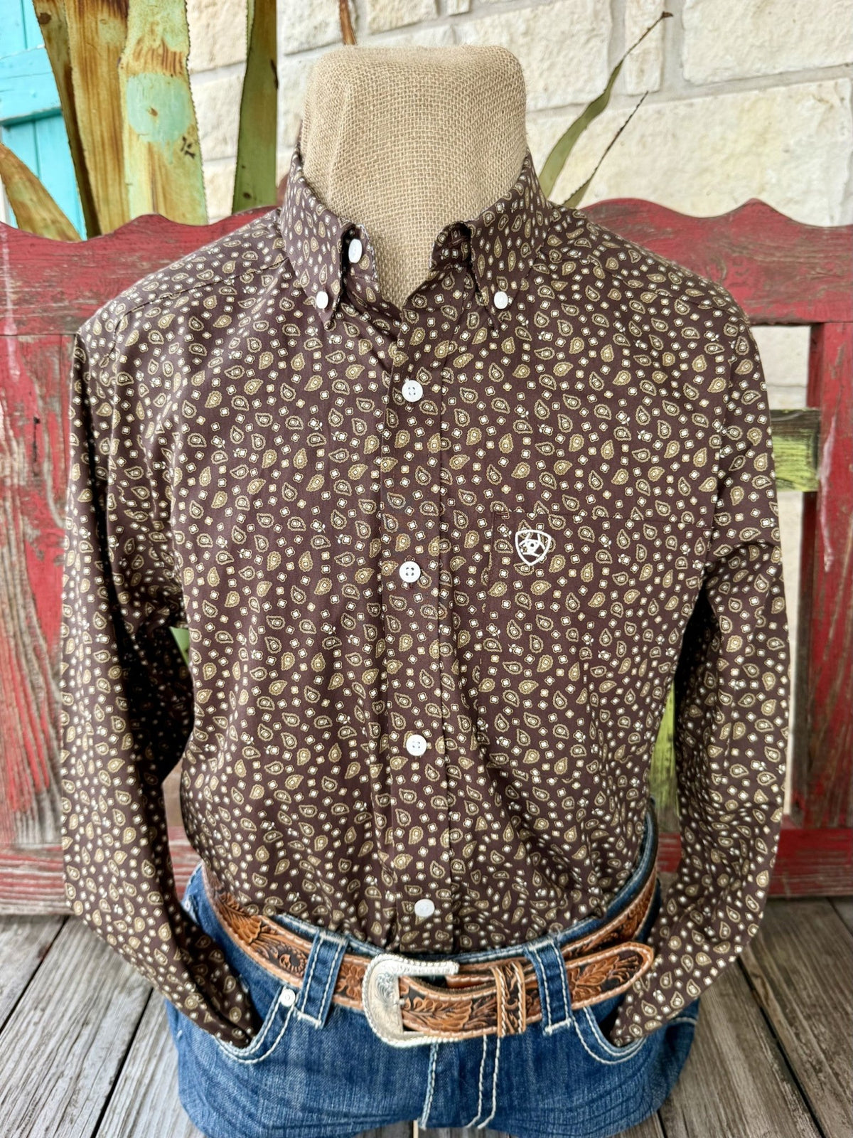 Men's chocolate-brown long-sleeve shirt with tan paisley print, button-down collar, light buttons and single chest pocket — Blair's Western Wear Marble Falls TX