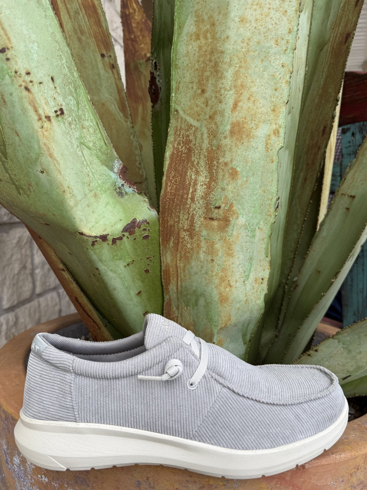 Men’s grey corduroy Ariat Hilo shoe with elastic-assist laces and cushioned FLX Foam sole — Blair’s Western Wear Marble Falls TX