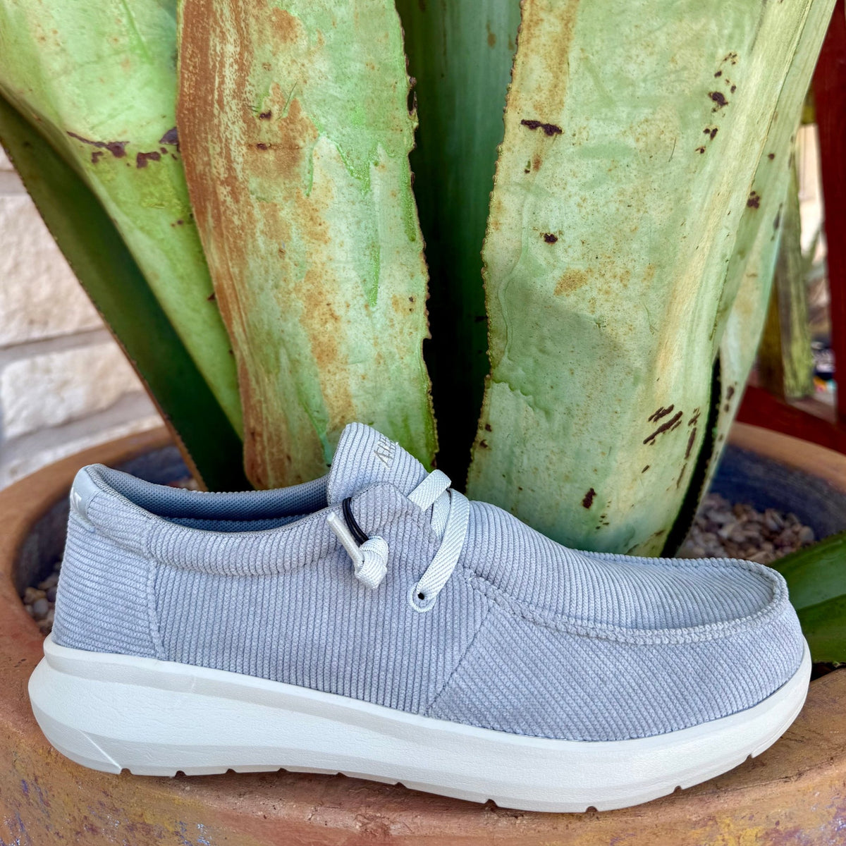 Men’s Ariat casual corduroy shoe in grey, featuring a breathable corduroy upper and a cushioned insole with a lightweight FLX Foam™ sole – 10053665. Available at Blair's Western Wear, Marble Falls, TX.
