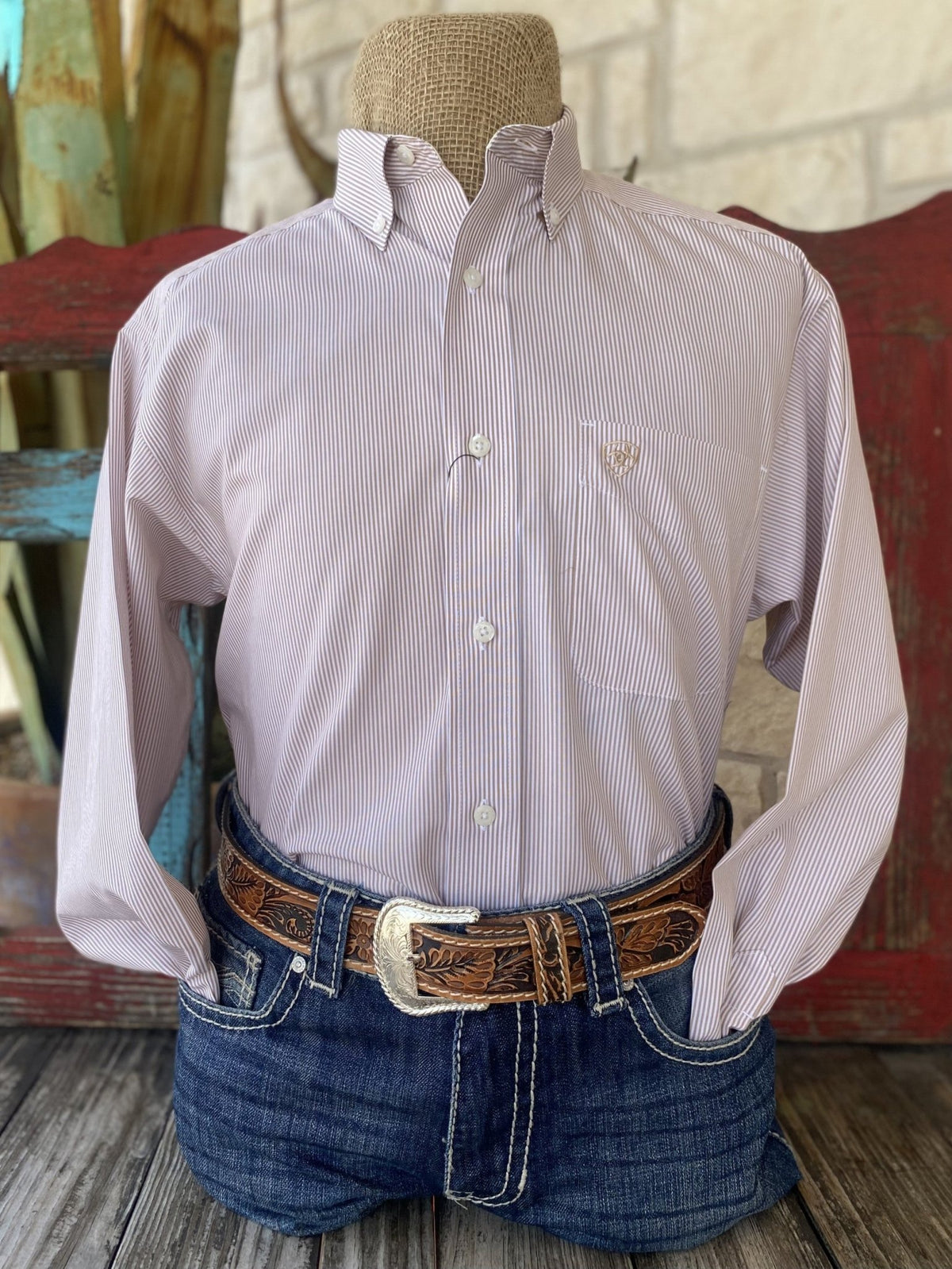 Men's Ariat Tan/White Striped Long Sleeve - 10052377 - BLAIR'S Western Wear 