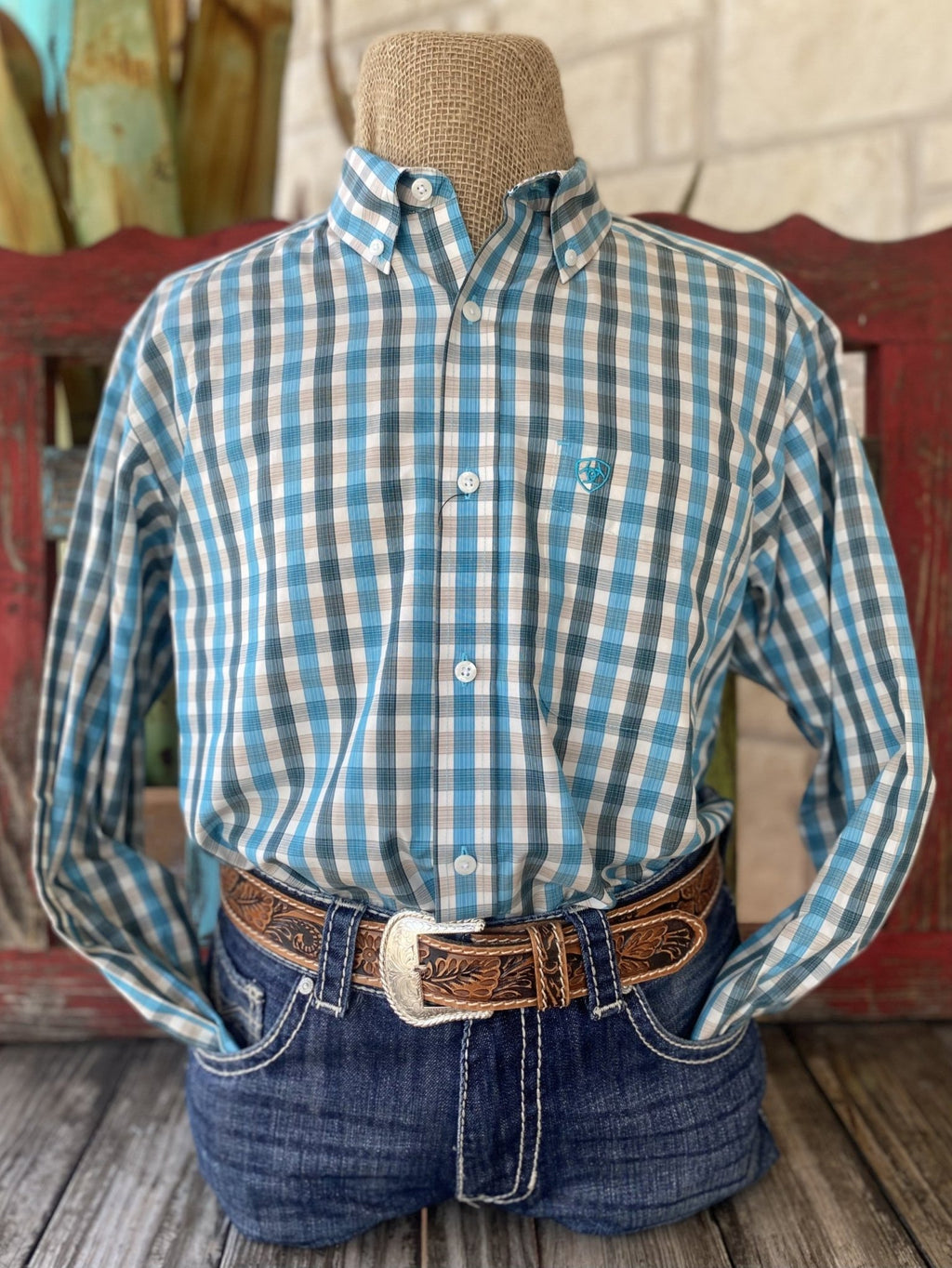 Men's Ariat Blue/Teal/Off-White Fitted Long Sleeve Button Down (10052380) - BLAIR'S Western Wear located in Marble Falls TX  