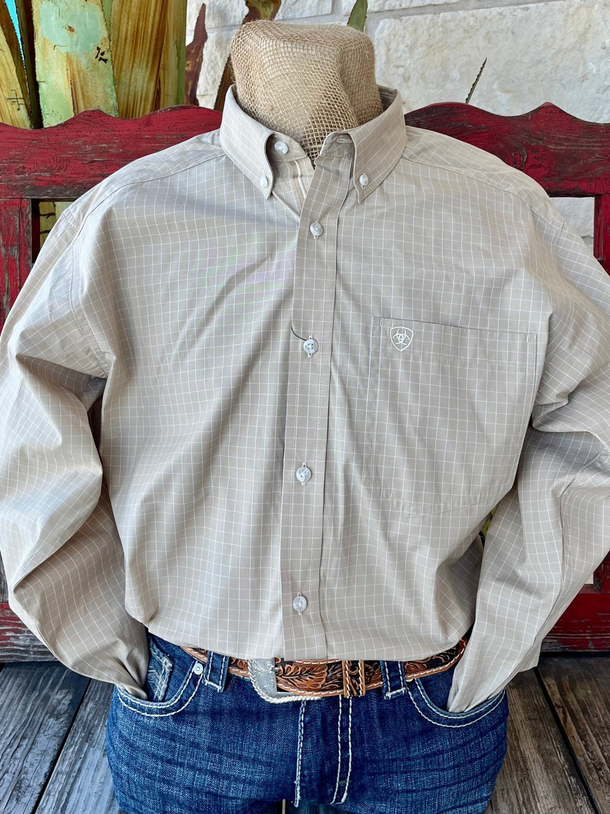 Men's Ariat Khaki Long Sleeve Shirt with Greater Arm Mobility and Moisture Movement Technology - 10054675. Available at Blair's Western Wear, Marble Falls, TX.