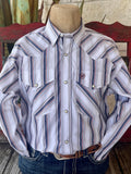 Men's Ariat Western Shirt in Navy/Wine Stripe, breathable cotton-poly fabric for comfort, with snap closures for easy wear - 10058757. Available at Blair's Western Wear, Marble Falls, TX.
