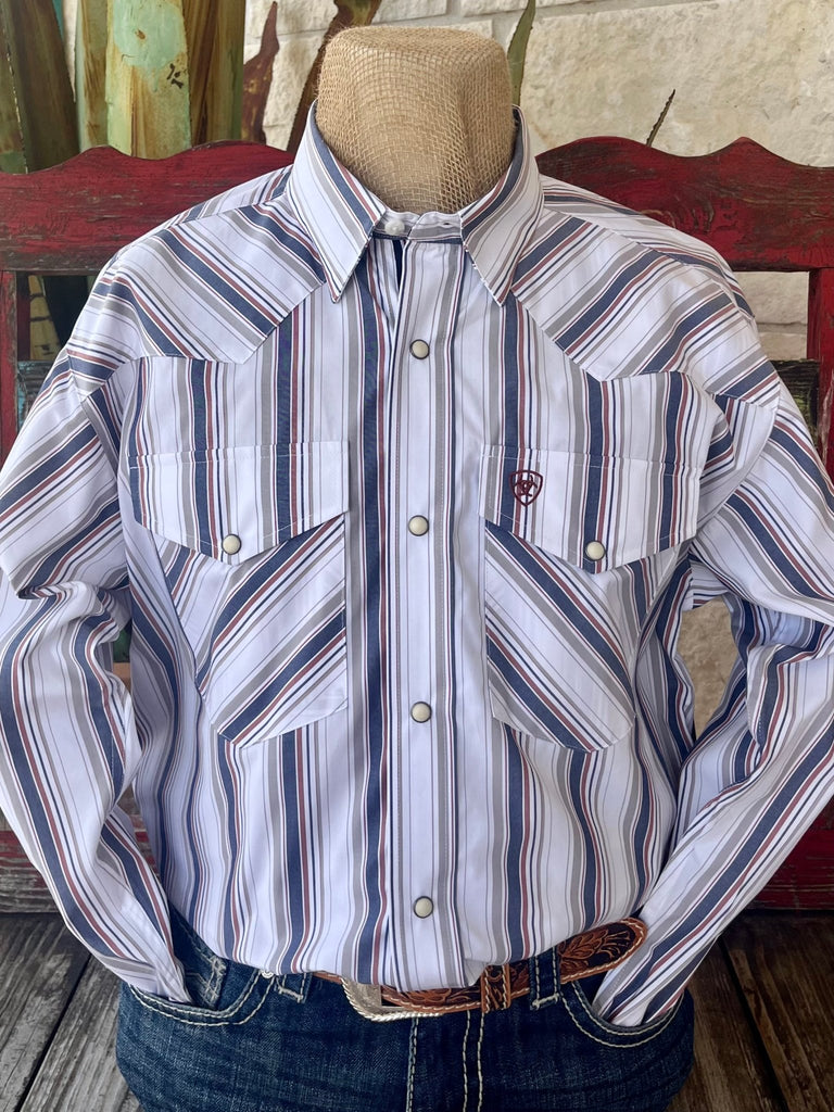 Men's Ariat Western Shirt in Navy/Wine Stripe, breathable cotton-poly fabric for comfort, with snap closures for easy wear - 10058757. Available at Blair's Western Wear, Marble Falls, TX.