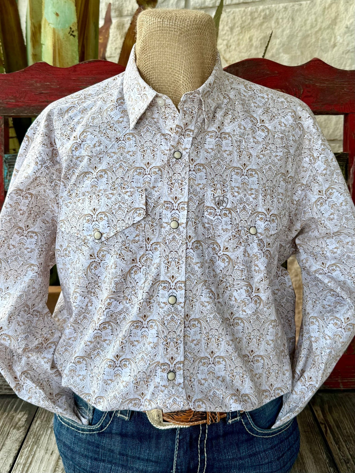 Men’s Ariat long sleeve snap print western shirt in tan and gray, lightweight cotton blend fabric for comfort, with Greater Arm Mobility design for ease of movement - 10058758. Available at Blair's Western Wear, Marble Falls, TX.