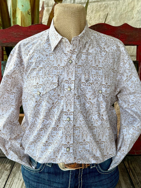 Men’s Ariat long sleeve snap print western shirt in tan and gray, lightweight cotton blend fabric for comfort, with Greater Arm Mobility design for ease of movement - 10058758. Available at Blair's Western Wear, Marble Falls, TX.