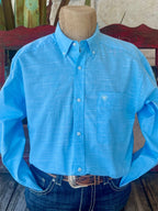 Men’s Ariat Long Sleeve Button Down Shirt in light blue, lightweight breathable fabric with stylish slub texture and embroidered logo on chest pocket - 10058785. Available at Blair's Western Wear, Marble Falls, TX.