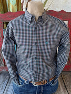 Men’s Ariat long sleeve button-down check shirt in black, teal, and brick, breathable cotton-blend fabric for all-day comfort, with a button-down collar and embroidered chest logo – 10062180. Available at Blair's Western Wear, Marble Falls, TX.