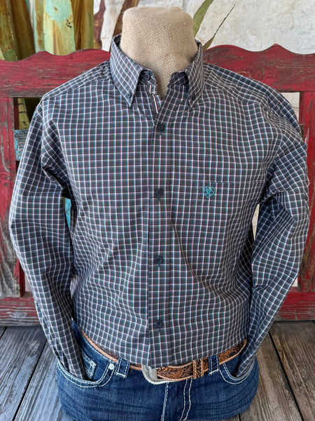 Men’s Ariat long sleeve button-down check shirt in black, teal, and brick, breathable cotton-blend fabric for all-day comfort, with a button-down collar and embroidered chest logo – 10062180. Available at Blair's Western Wear, Marble Falls, TX.
