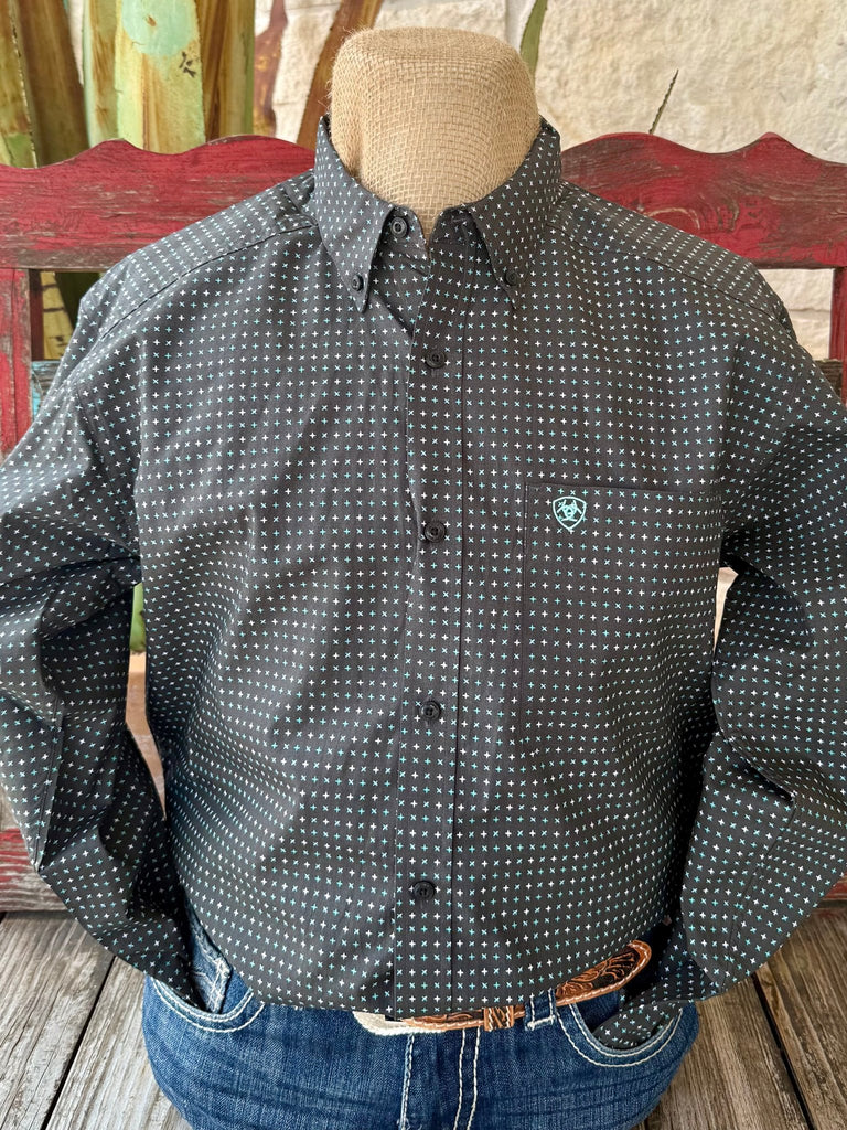 Men’s Ariat long sleeve button-down Belmont cross print shirt in black, made with breathable cotton fabric, with a chest pocket featuring embroidered Ariat logo - 10062207. Available at Blair's Western Wear, Marble Falls, TX.