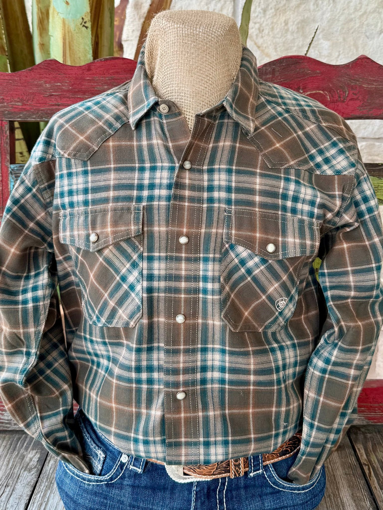 Men’s Ariat Retro Plaid Snap Long Sleeve Shirt in Dark Green, featuring breathable cotton blend comfort, with pearl snap closures for authentic western style - 10062220. Available at Blair's Western Wear, Marble Falls, TX.