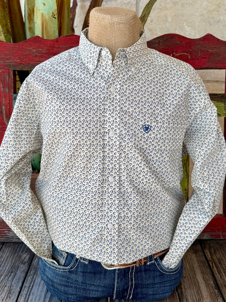 Men’s Ariat long sleeve button-down print shirt in natural with blue and brown micro-print, breathable 100% cotton fabric, and embroidered Ariat logo on chest – 10062240. Available at Blair’s Western Wear, Marble Falls, TX.