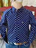 Men’s Ariat button-down Aztec print shirt in navy and tan, made from breathable cotton, with an embroidered logo chest pocket – 10062246. Available at Blair's Western Wear, Marble Falls, TX.