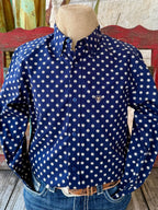Men’s Ariat button-down Aztec print shirt in navy and tan, made from breathable cotton, with an embroidered logo chest pocket – 10062246. Available at Blair's Western Wear, Marble Falls, TX.