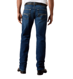 Men's dark blue relaxed bootcut jeans with contrasting back-pocket embroidery, faded seat and full-length legs — Blair's Western Wear Marble Falls TX