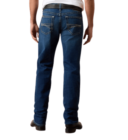Men's dark blue relaxed bootcut jeans with contrasting back-pocket embroidery, faded seat and full-length legs — Blair's Western Wear Marble Falls TX