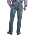 Men's relaxed fit bootcut jean in medium wash 13 oz. ring-spun cotton denim with hand-sanding and whisker details — Blair's Western Wear Marble Falls TX

