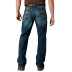 Men's relaxed fit bootcut jean in faded blue cotton denim with low rise and light back pocket stitching — Blair's Western Wear Marble Falls TX