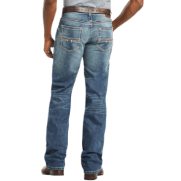 Men's relaxed fit bootcut jean in distressed 100% cotton denim with embroidered rear pockets and five-pocket styling — Blair's Western Wear Marble Falls TX