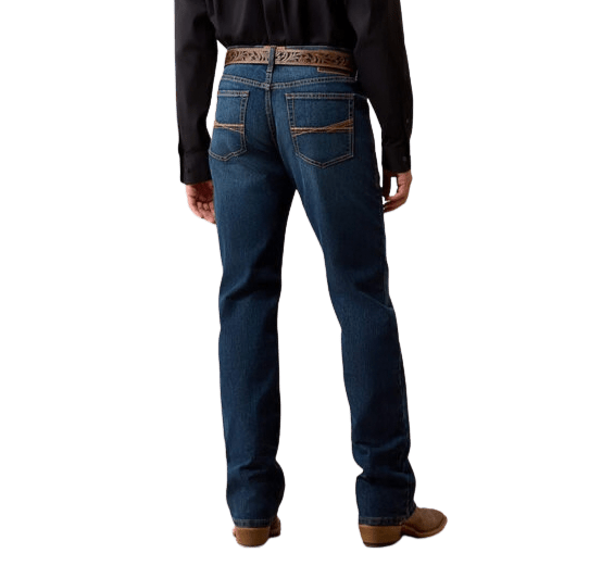 Men's dark blue relaxed bootcut jeans with warm-toned back-pocket stitching, faded seat and full-length legs — Blair's Western Wear Marble Falls TX